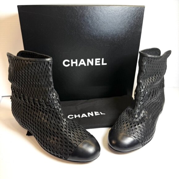 Chanel Perforated Leather Ankle Boots 7.5 New - Picture 1 of 16